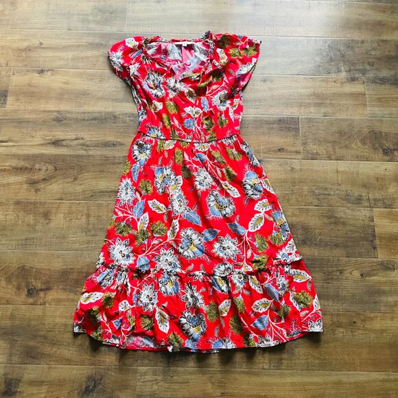LOFT Red Floral Midi Dress Size Small | Ruffle Sleeve Boho Fit & Flare - Picture 3 of 10